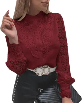 Rooscier Women's Lace Crochet Mock Neck Long Sleeve Button Elegant Blouse Shirt Top