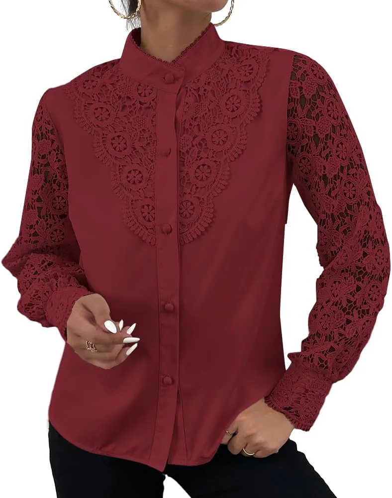 Rooscier Women's Lace Crochet Mock Neck Long Sleeve Button Elegant Blouse Shirt Top