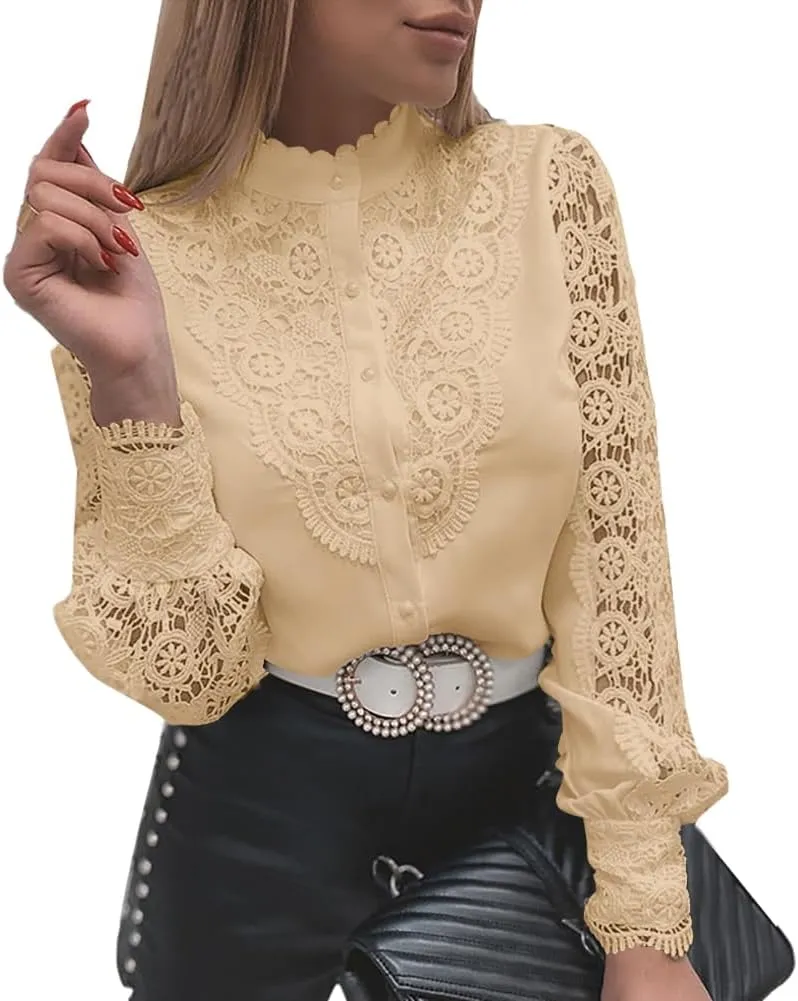 Rooscier Women's Lace Crochet Mock Neck Long Sleeve Button Elegant Blouse Shirt Top