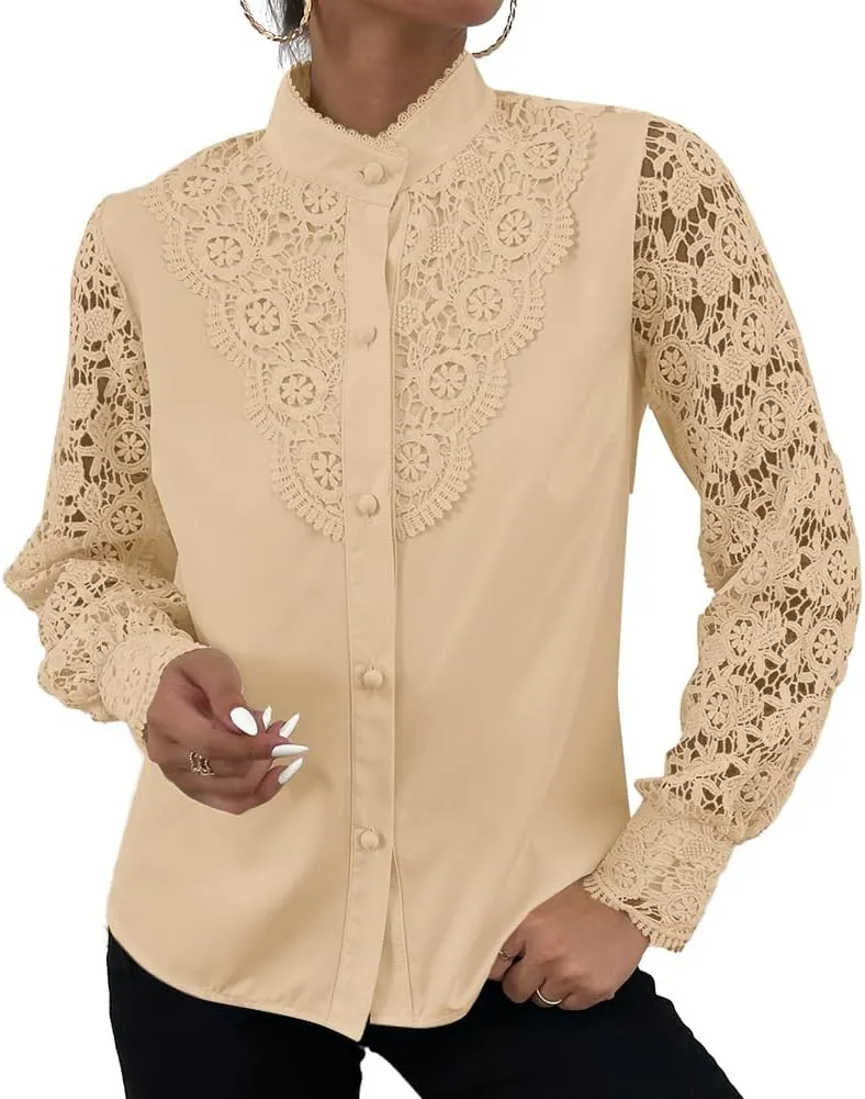 Rooscier Women's Lace Crochet Mock Neck Long Sleeve Button Elegant Blouse Shirt Top