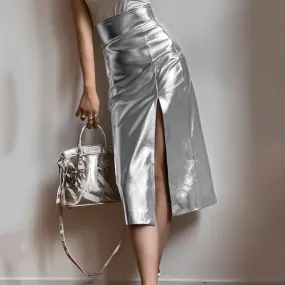 Silver Faux Leather Futuristic High-Waist Slit Bodycon Skirt