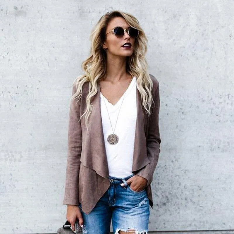 Suede Draped Long-sleeve Coat