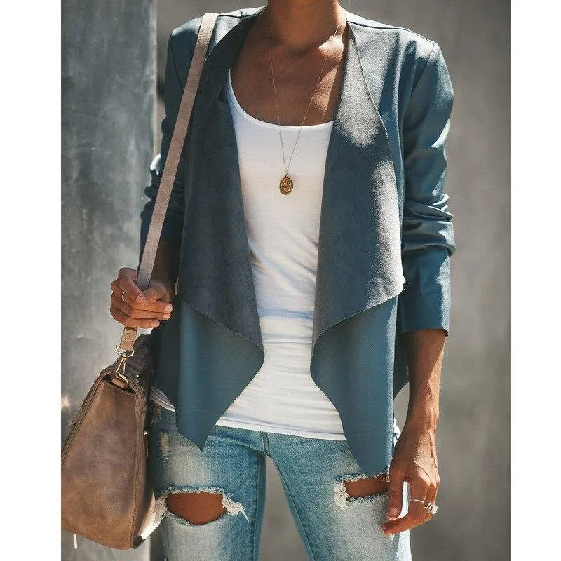 Suede Draped Long-sleeve Coat