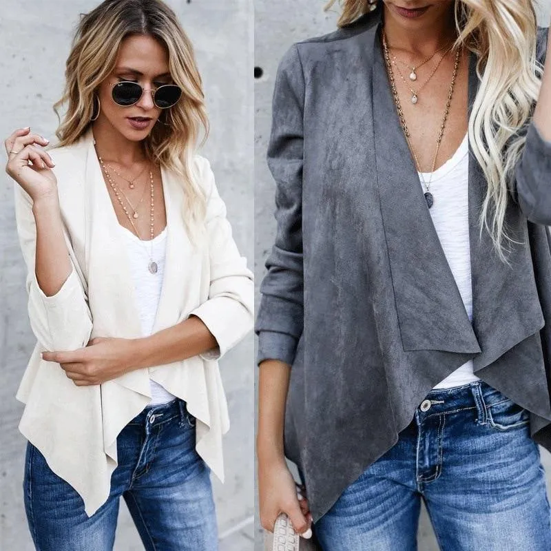 Suede Draped Long-sleeve Coat
