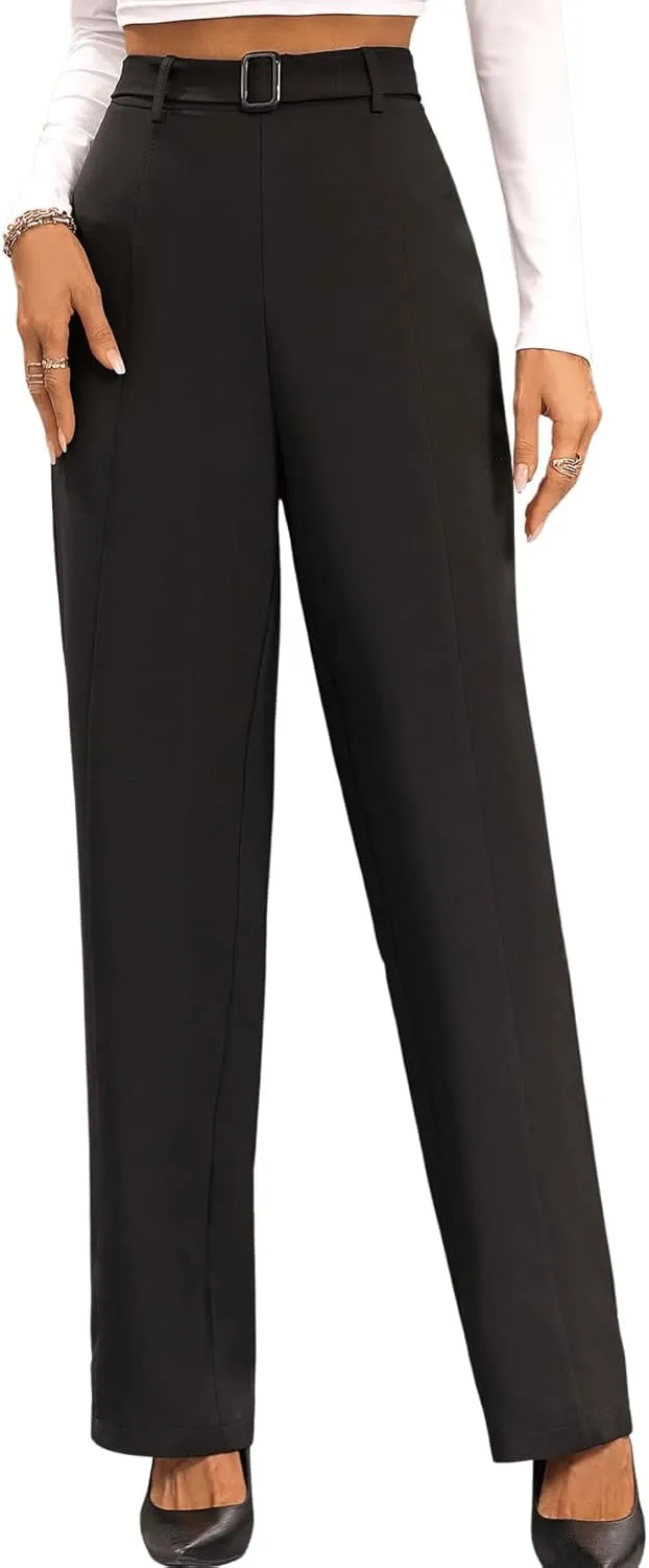 SweatyRocks Women's Elegant High Waist Belted Pants Straight Leg Office Suit Pants Trousers