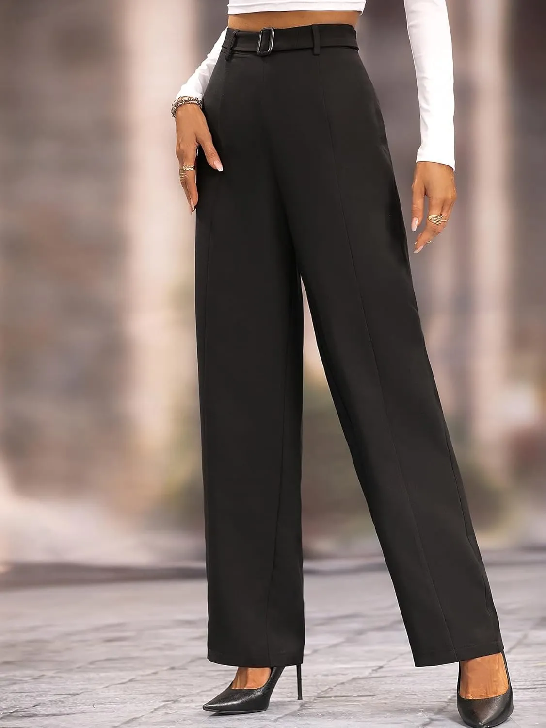 SweatyRocks Women's Elegant High Waist Belted Pants Straight Leg Office Suit Pants Trousers