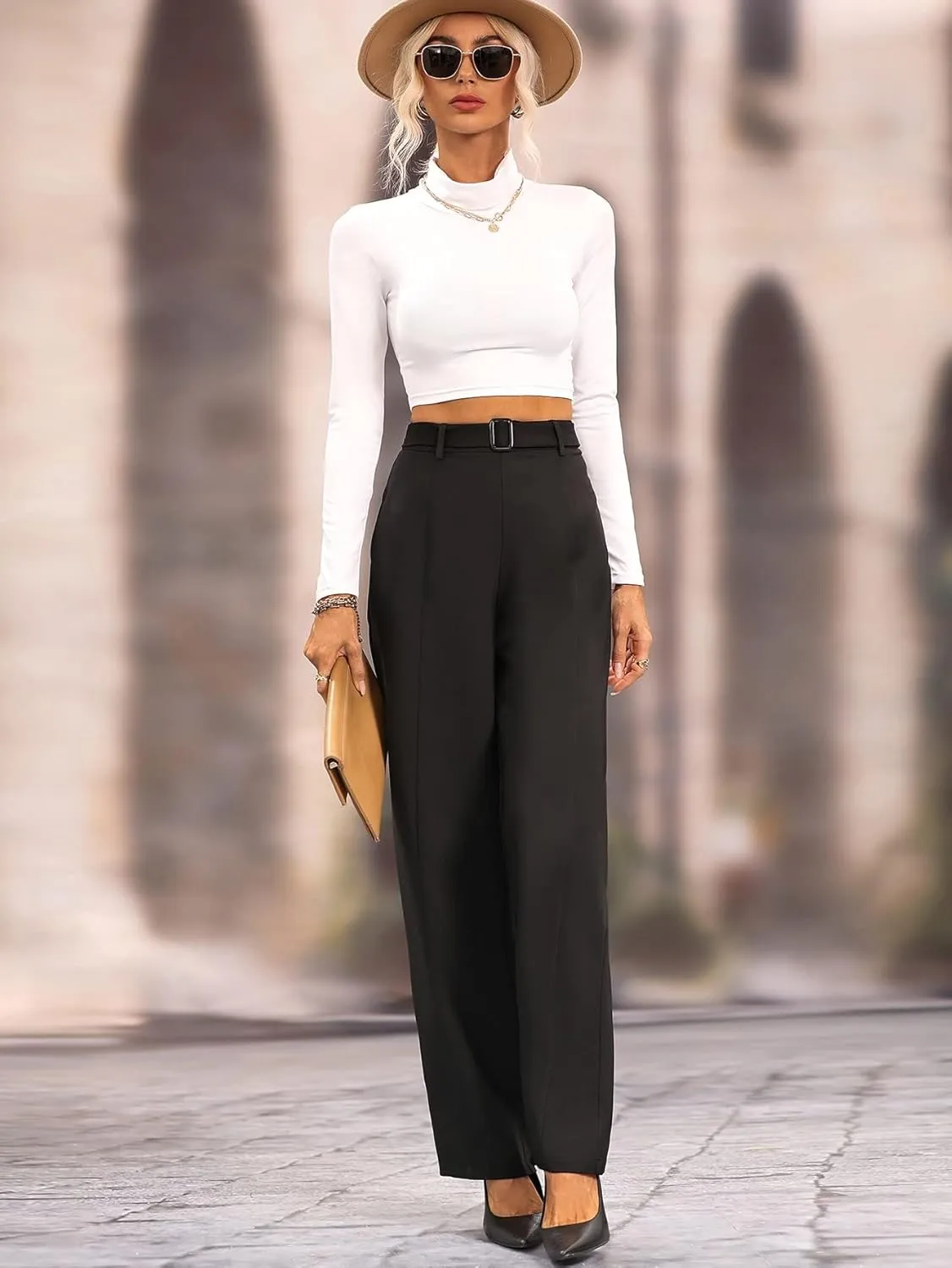 SweatyRocks Women's Elegant High Waist Belted Pants Straight Leg Office Suit Pants Trousers
