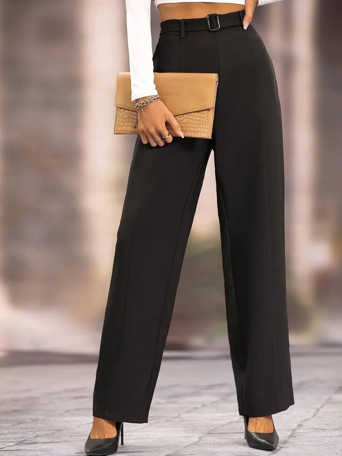 SweatyRocks Women's Elegant High Waist Belted Pants Straight Leg Office Suit Pants Trousers