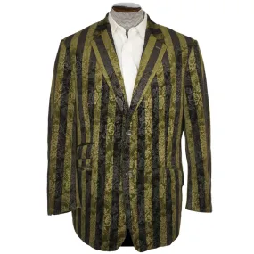 Vintage Brocade Velvet Jacket Green & Black Striped Blazer Sport Coat Size 44 R