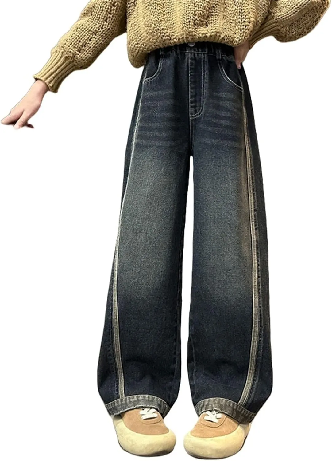 Vintage Jeans for Girls Baggy Jeans Wide Leg Distressed Denim Pants Kids High Elastic Waist Boyfriend Jeans Streetwear