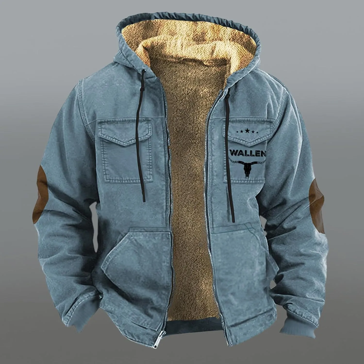 Winter Coats Plus Velvet Thickened Double Pocket Western Cow 3D Printed Hooded Brown Warm Cotton Jacket