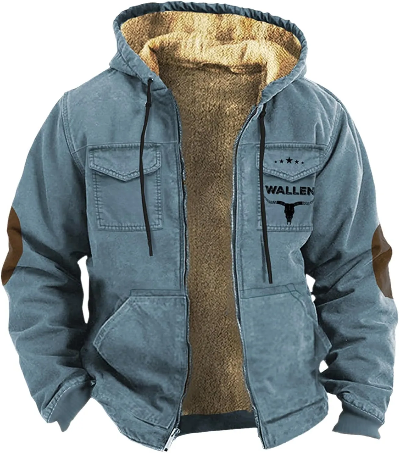 Winter Coats Plus Velvet Thickened Double Pocket Western Cow 3D Printed Hooded Brown Warm Cotton Jacket