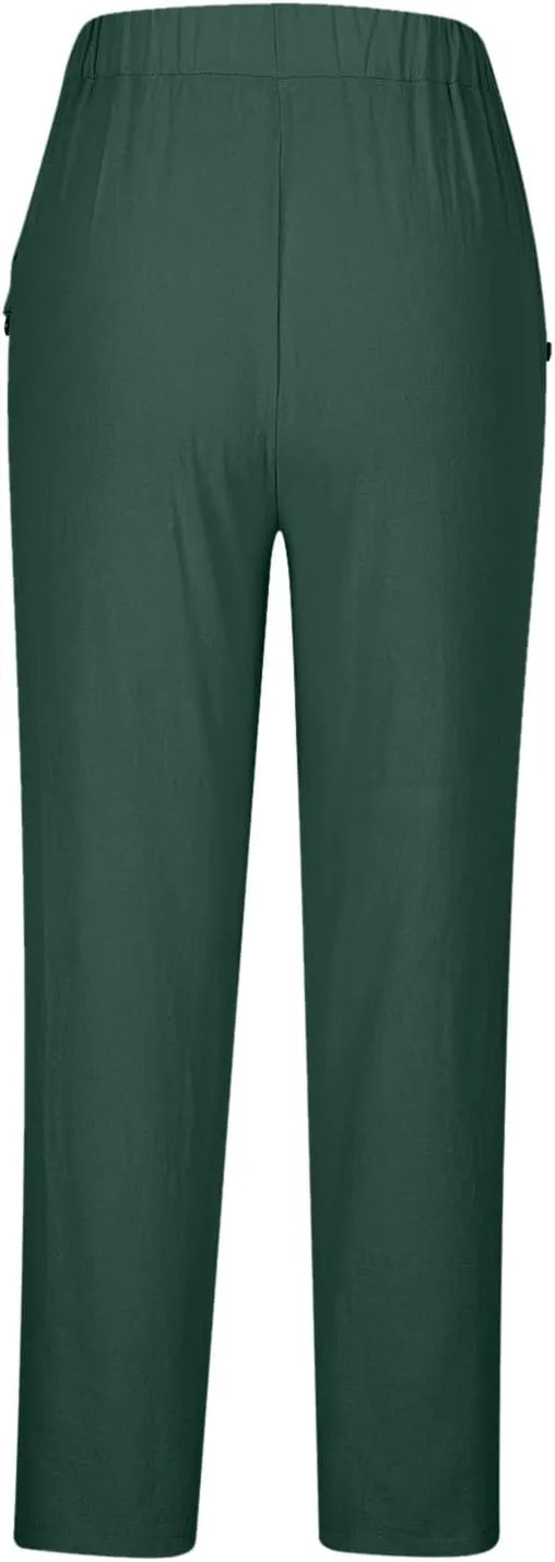 Women Straight Leg Pants High Waisted Stretchy Business Work Casual Trousers Lightweight Baggy Beachwear with Pockets