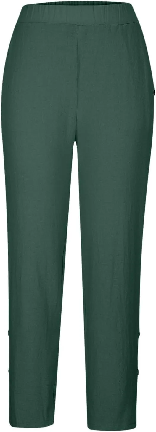 Women Straight Leg Pants High Waisted Stretchy Business Work Casual Trousers Lightweight Baggy Beachwear with Pockets
