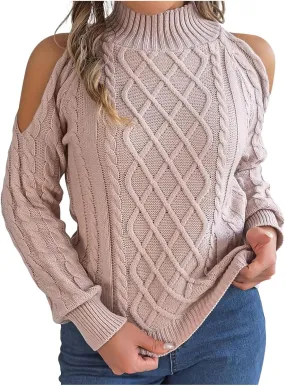 Womens Cold Shoulder Turtleneck Sweaters 2024 Fall Winter Long Sleeve Soft Chunky Cable Knit Pullovers Sexy Jumper Tops