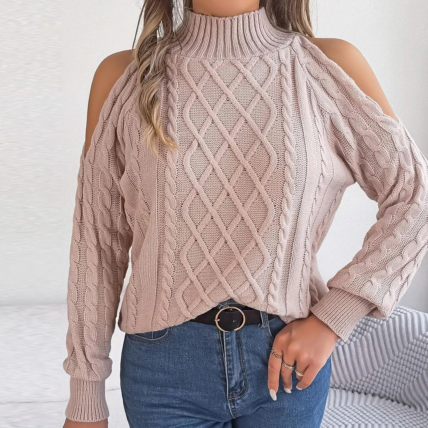 Womens Cold Shoulder Turtleneck Sweaters 2024 Fall Winter Long Sleeve Soft Chunky Cable Knit Pullovers Sexy Jumper Tops
