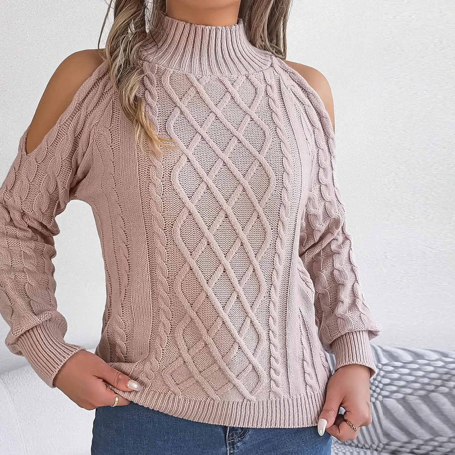 Womens Cold Shoulder Turtleneck Sweaters 2024 Fall Winter Long Sleeve Soft Chunky Cable Knit Pullovers Sexy Jumper Tops
