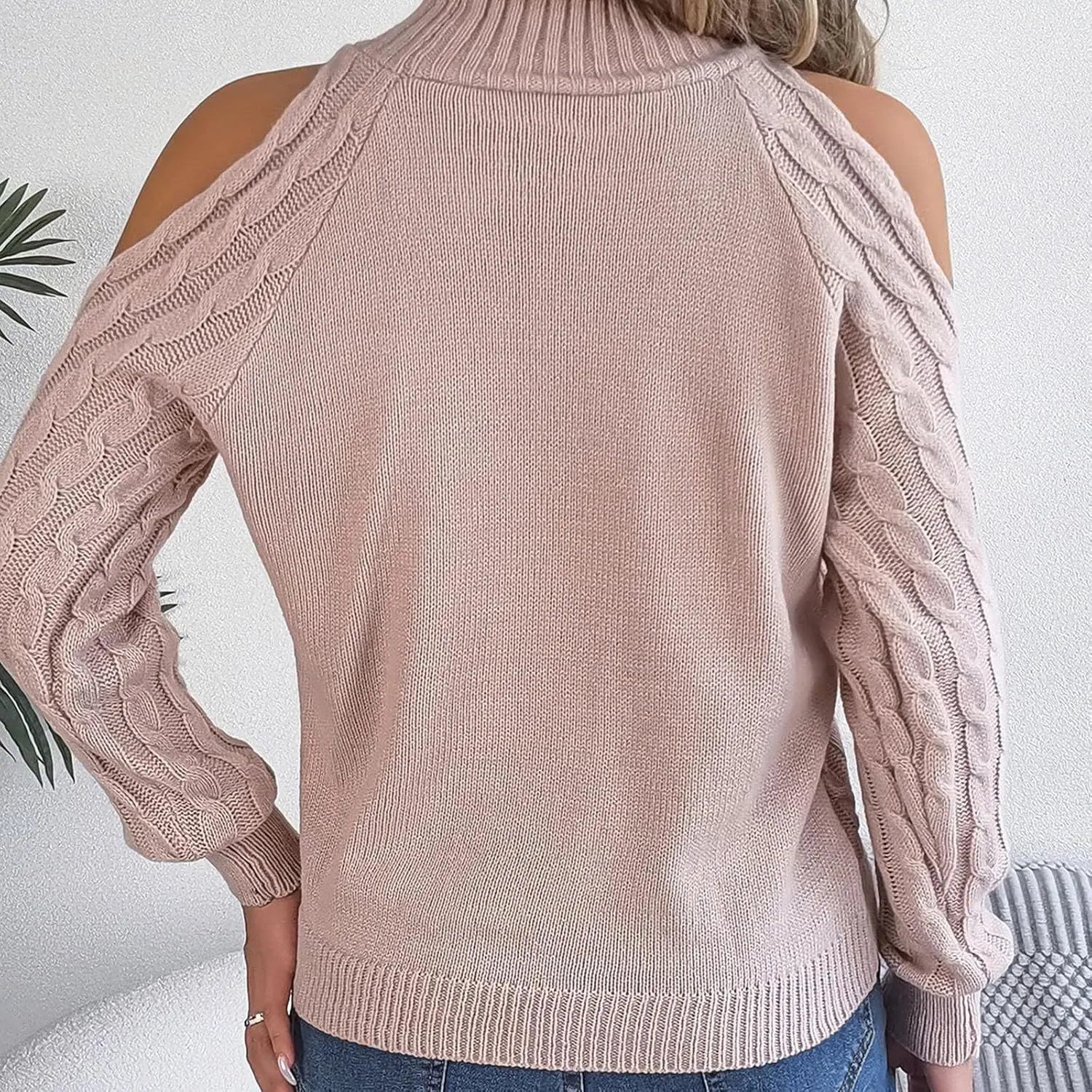 Womens Cold Shoulder Turtleneck Sweaters 2024 Fall Winter Long Sleeve Soft Chunky Cable Knit Pullovers Sexy Jumper Tops
