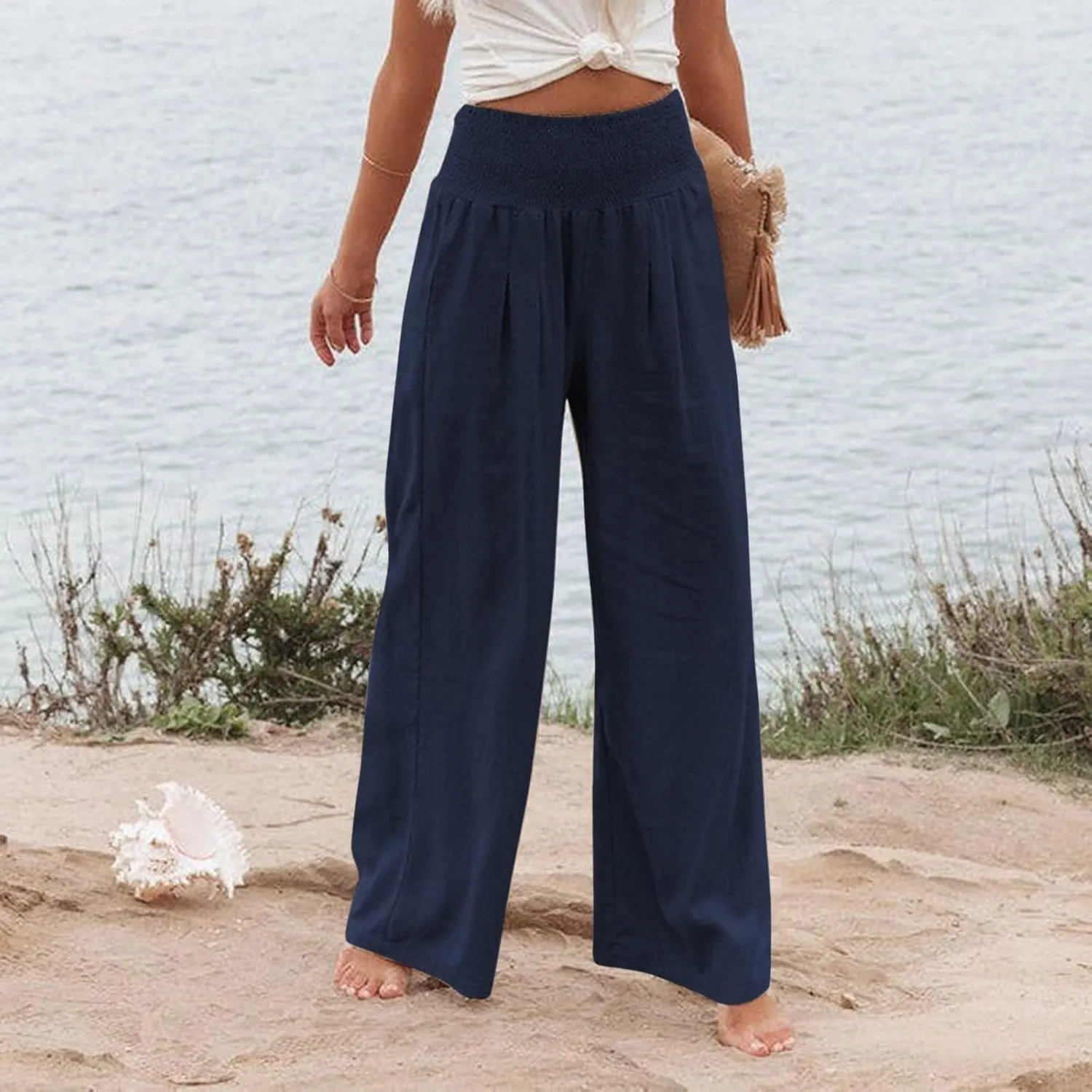 Women's Cotton Linen Wide Leg Pants Summer Smocked High Waisted Palazzo Trousers with Pockets Beach Cover Up