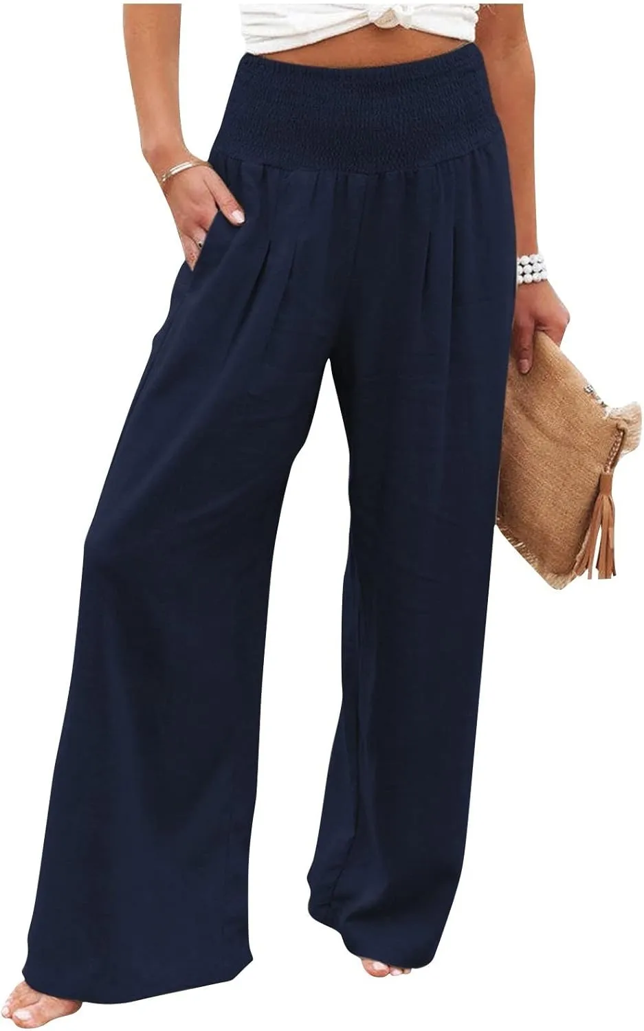 Women's Cotton Linen Wide Leg Pants Summer Smocked High Waisted Palazzo Trousers with Pockets Beach Cover Up