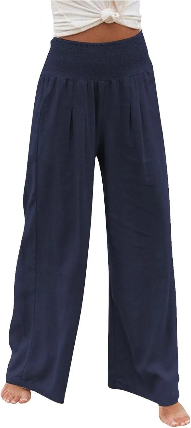 Women's Cotton Linen Wide Leg Pants Summer Smocked High Waisted Palazzo Trousers with Pockets Beach Cover Up