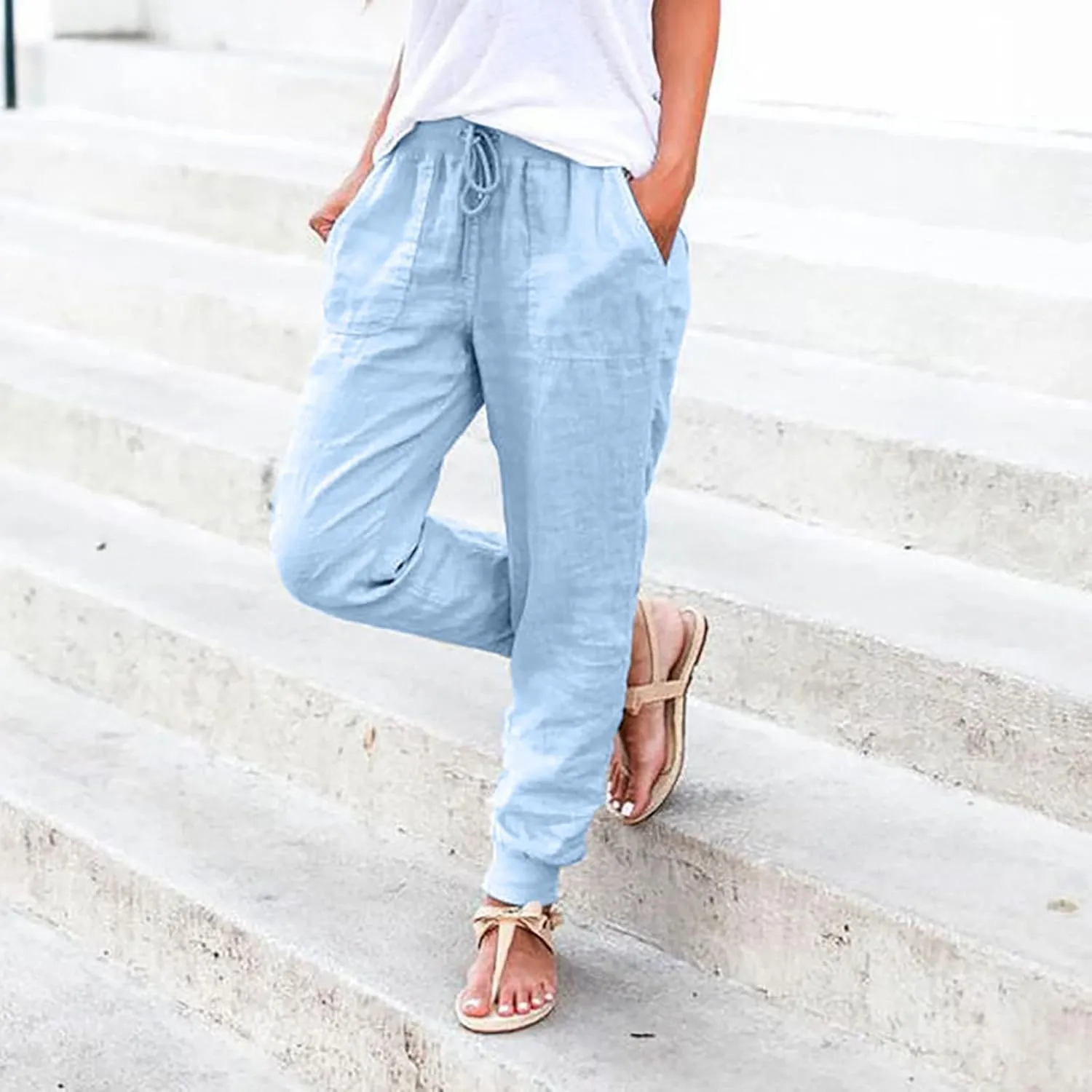 Womens Drawstring Cotton Linen Pants Solid Slim Fit Tapered Pant Soft Elastic Waist Straight Leg Trousers with Pocket