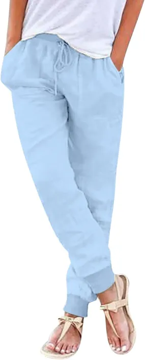 Womens Drawstring Cotton Linen Pants Solid Slim Fit Tapered Pant Soft Elastic Waist Straight Leg Trousers with Pocket