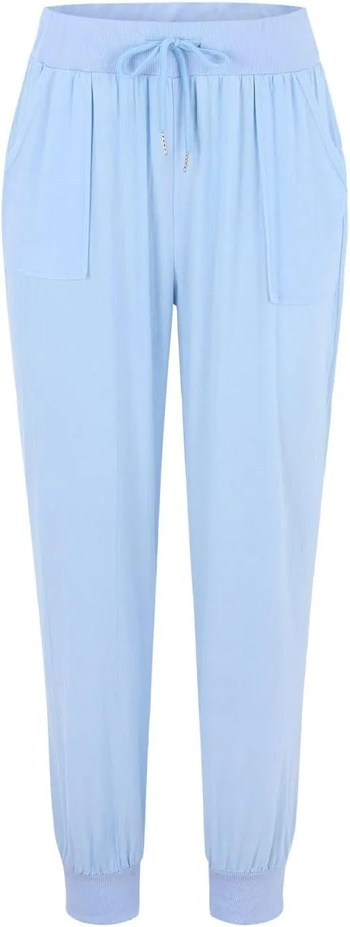 Womens Drawstring Cotton Linen Pants Solid Slim Fit Tapered Pant Soft Elastic Waist Straight Leg Trousers with Pocket