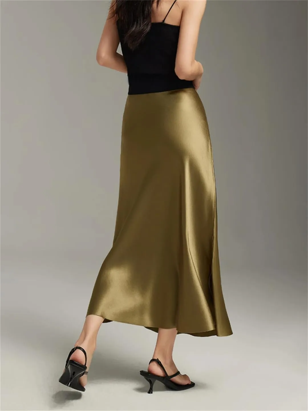 Women's High Waisted Satin Skirt Elegant A-Line Cocktail Party Wedding Silk Skirts