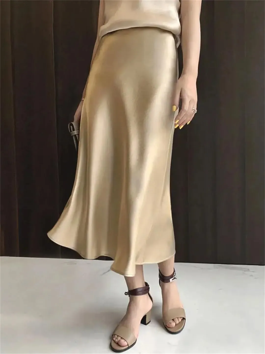 Women's High Waisted Satin Skirt Elegant A-Line Cocktail Party Wedding Silk Skirts