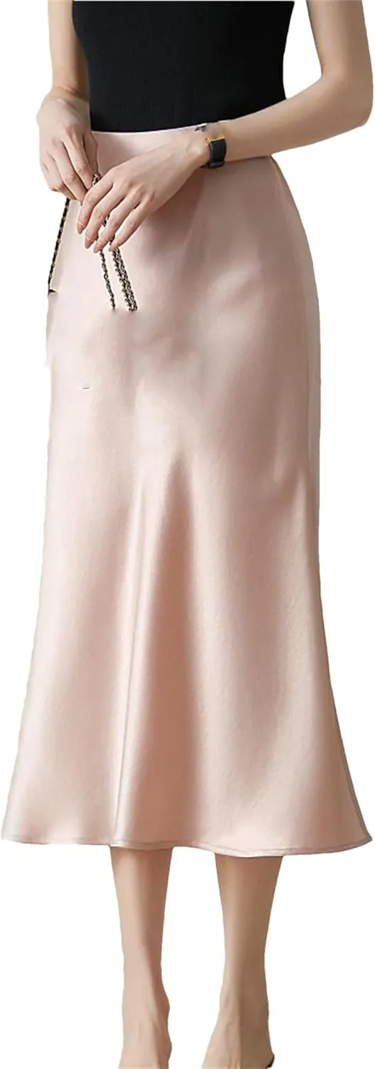 Women's High Waisted Satin Skirt Elegant A-Line Cocktail Party Wedding Silk Skirts