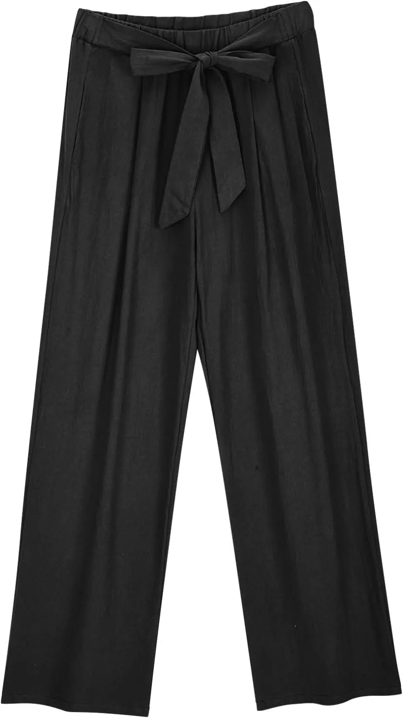 Womens Linen Wide Leg Pants with Pockets High Waist Adjustable Knot Loose Cotton Trousers Business Work Casual Pant