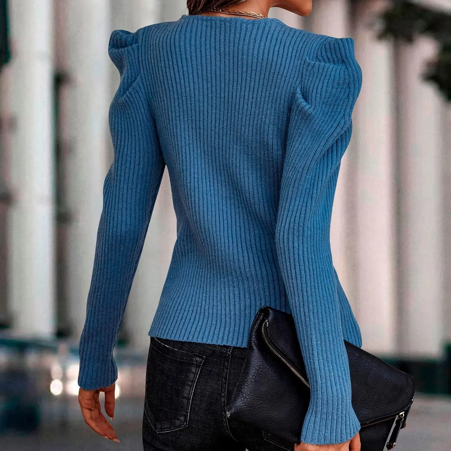 Women's Long Puff Sleeve V Neck Ribbed Knit Solid Sweater Pullover Top Stylish Slim Fit Soft Cozy Jumper Sweaters