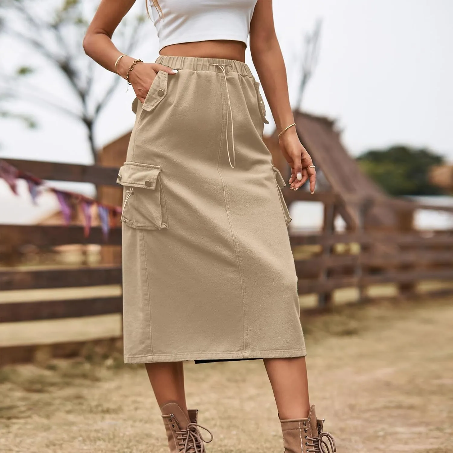 Women's Maxi Long Denim Skirts High Waist Split A line Flare Jean Skirt Y2k Cargo Casual Jean Skirts with Pockets