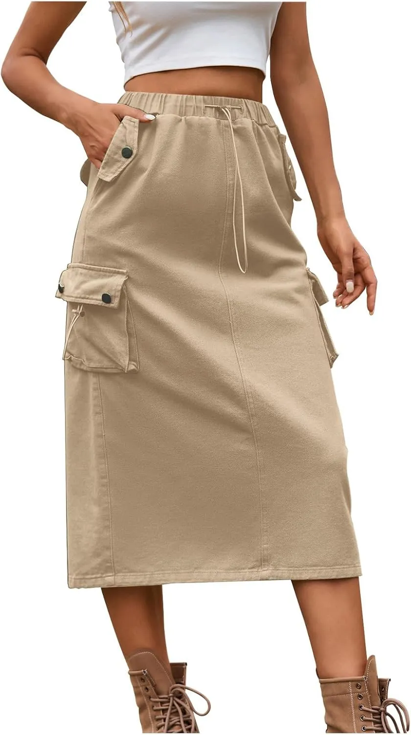 Women's Maxi Long Denim Skirts High Waist Split A line Flare Jean Skirt Y2k Cargo Casual Jean Skirts with Pockets
