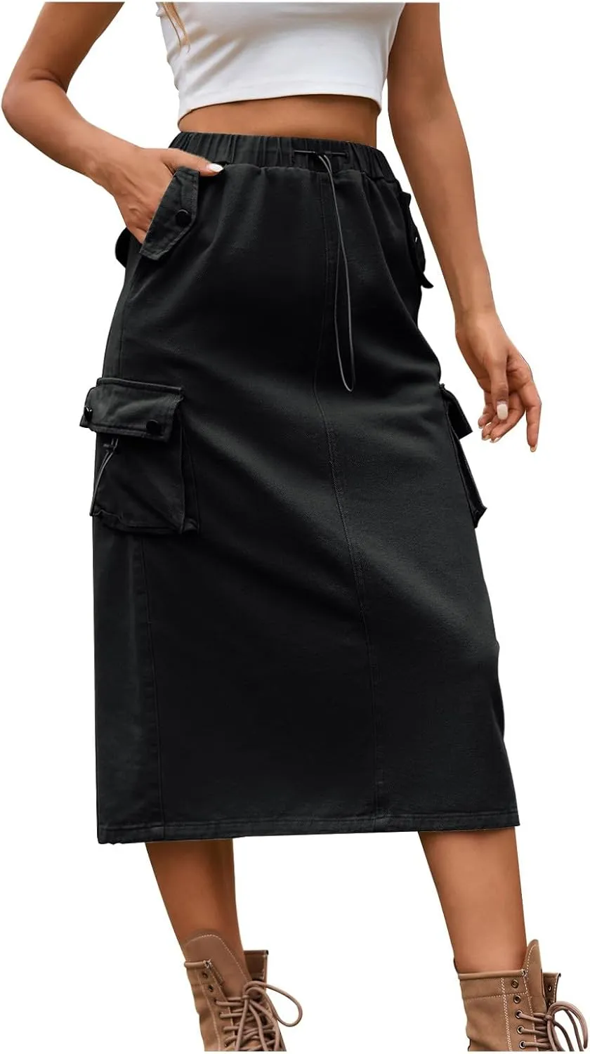 Women's Maxi Long Denim Skirts High Waist Split A line Flare Jean Skirt Y2k Cargo Casual Jean Skirts with Pockets