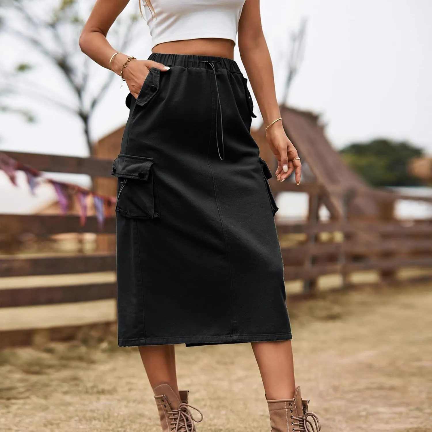 Women's Maxi Long Denim Skirts High Waist Split A line Flare Jean Skirt Y2k Cargo Casual Jean Skirts with Pockets