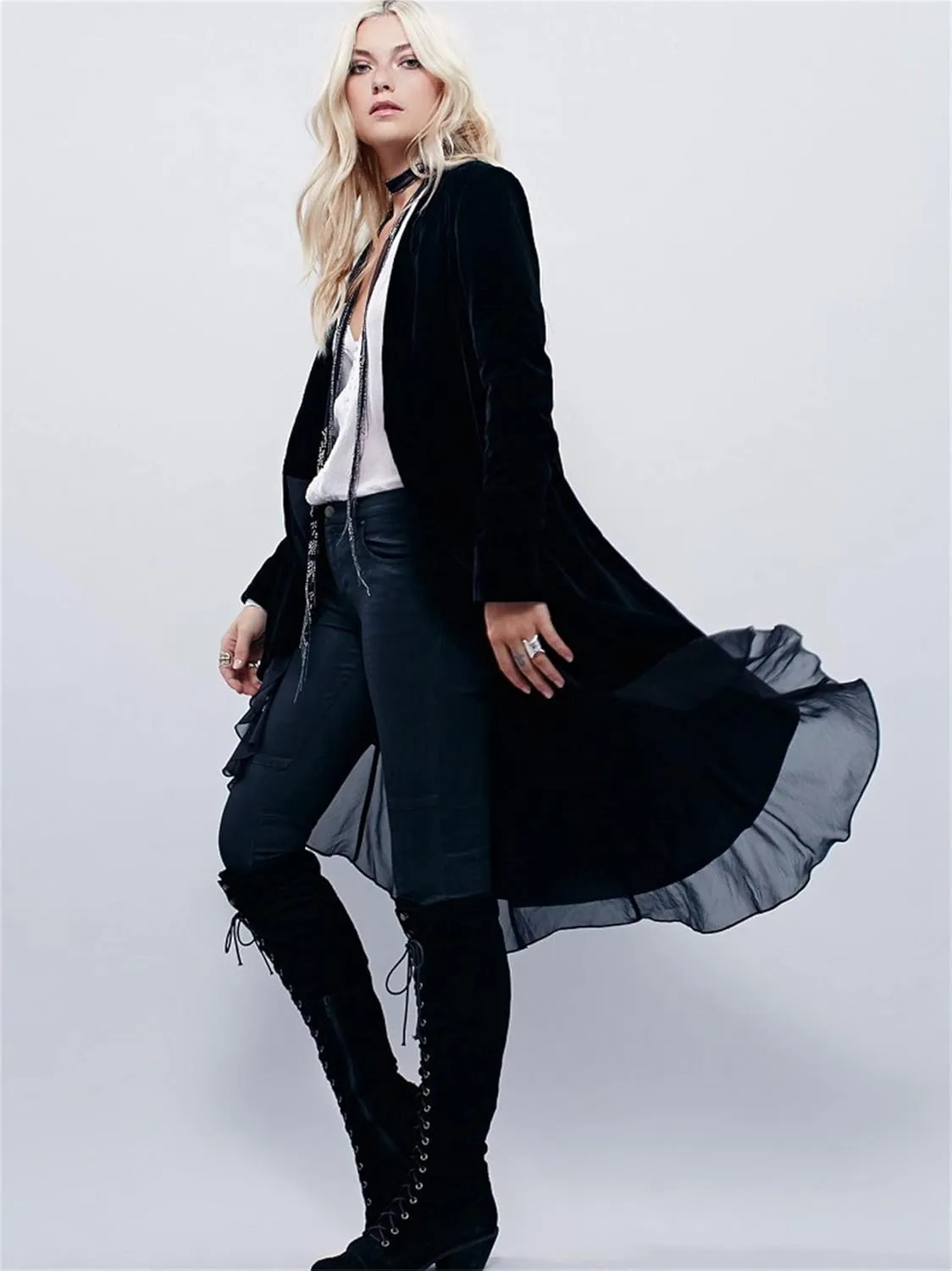 Women's Open Front Long Sleeve Velvet Cardigan Elegant Vintage Outerwear Fashion Collar Coat Long Blazers Coat
