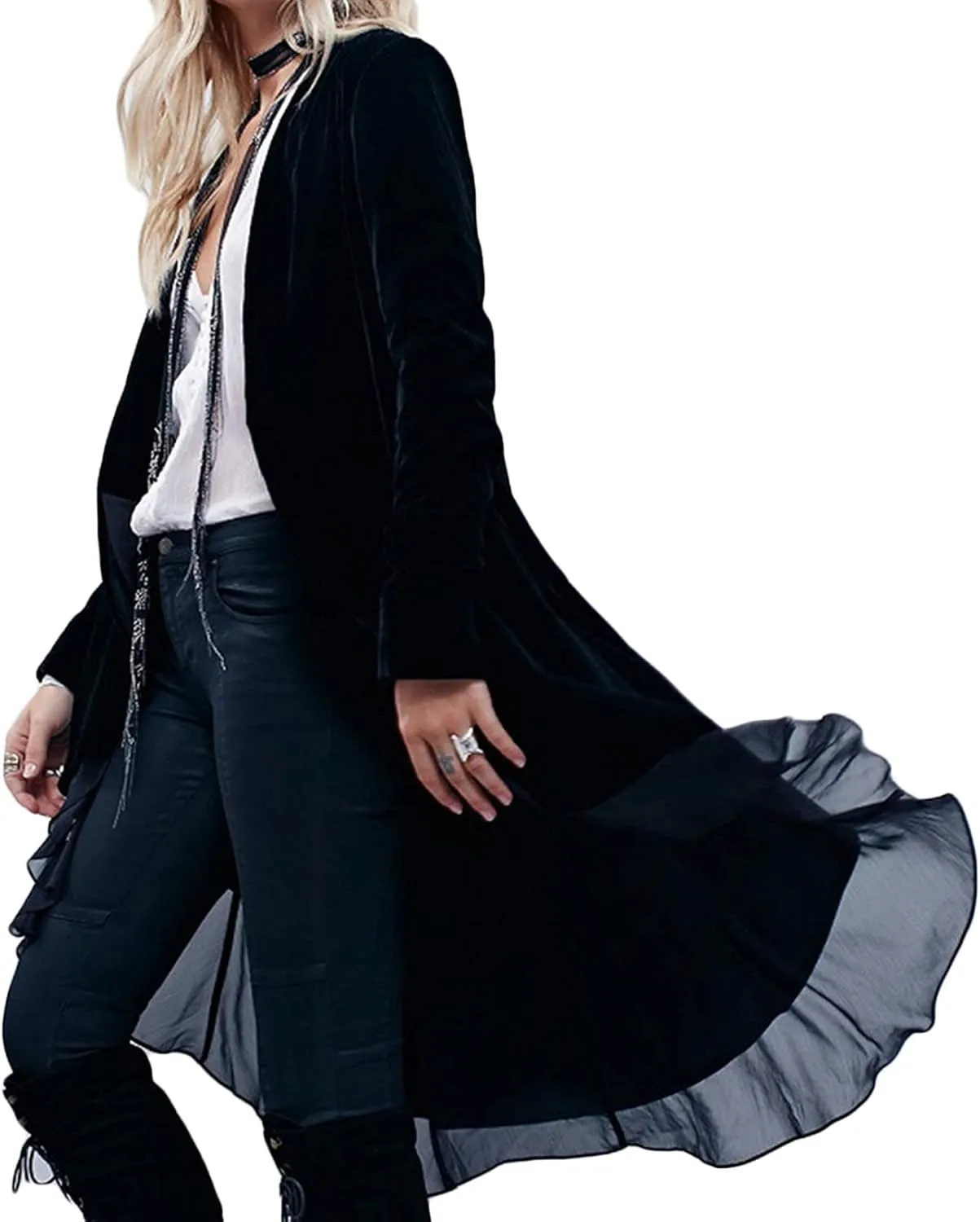 Women's Open Front Long Sleeve Velvet Cardigan Elegant Vintage Outerwear Fashion Collar Coat Long Blazers Coat