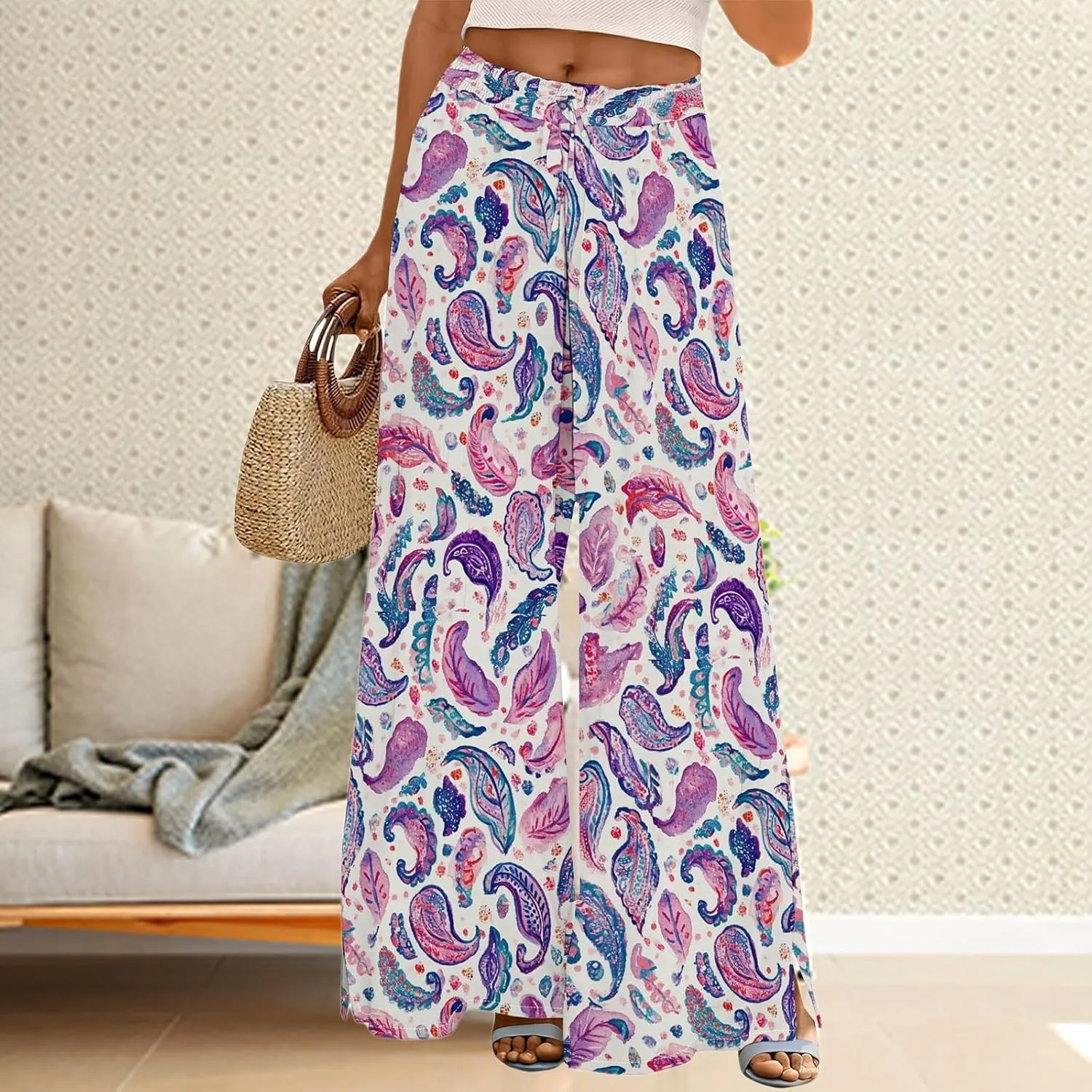 Womens Wide Leg Palazzo Pants Boho Floral Dressy Flowy Casual High Waisted 2025 Summer Beach Vacation Lounge Trousers