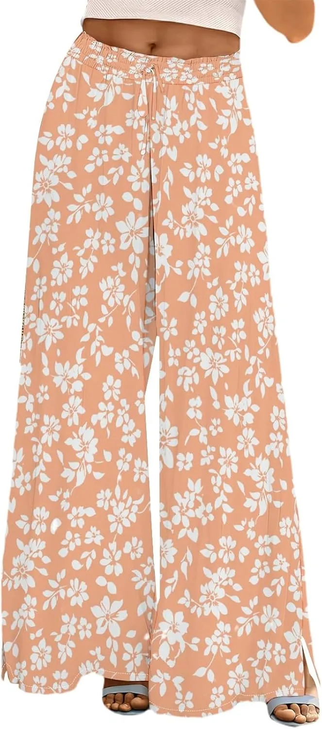 Womens Wide Leg Palazzo Pants Boho Floral Dressy Flowy Casual High Waisted 2025 Summer Beach Vacation Lounge Trousers