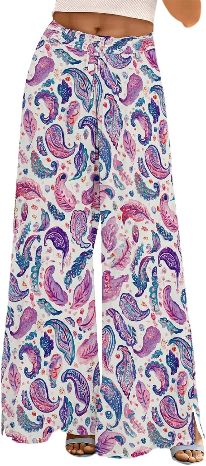 Womens Wide Leg Palazzo Pants Boho Floral Dressy Flowy Casual High Waisted 2025 Summer Beach Vacation Lounge Trousers