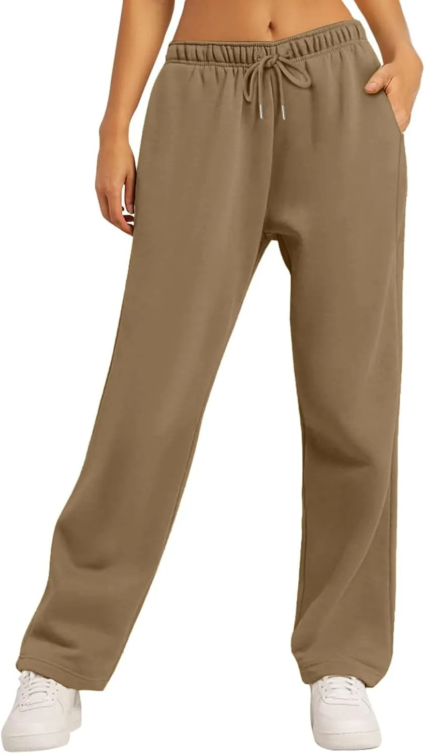 Women's Wide Leg Sweatpants Cozy Fleece Jogger Pants Straight Leg Baggy Elastic High Waisted Sweatpants Yoga Pants