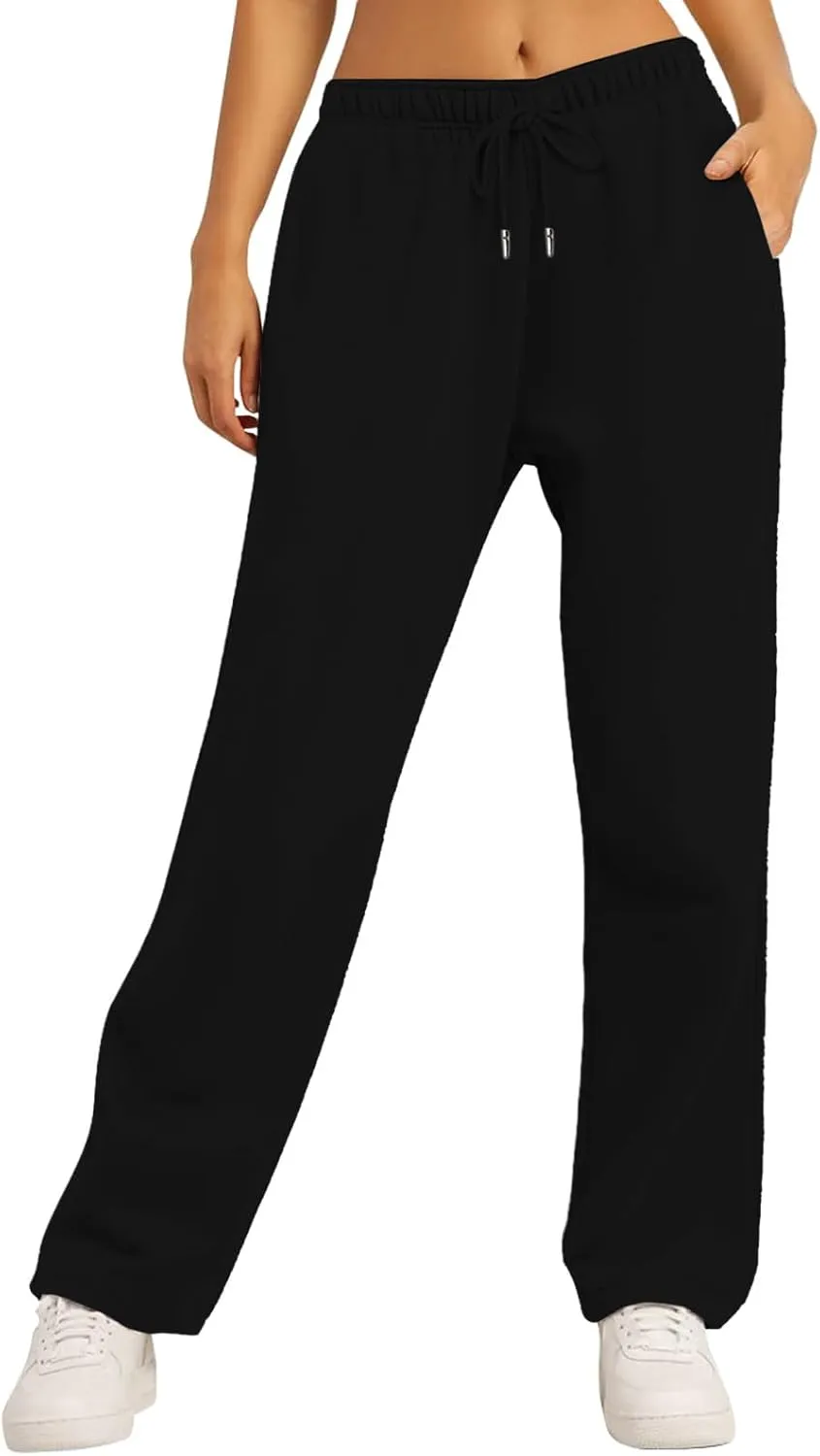 Women's Wide Leg Sweatpants Cozy Fleece Jogger Pants Straight Leg Baggy Elastic High Waisted Sweatpants Yoga Pants